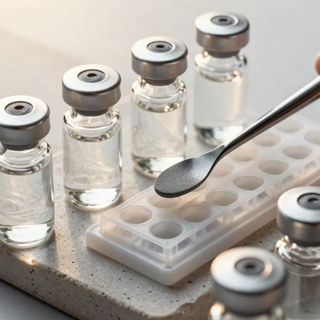 Macro of lab vials, a micro-spatula and sample tray on pale stone with mist
