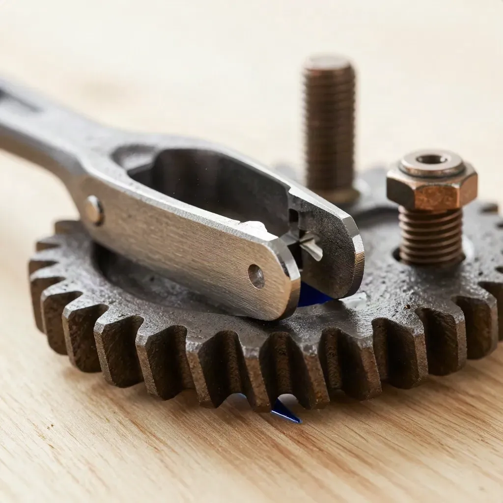 Macro still life of iron gear, clamp and bronze bolt on pale oak with a midnight navy accent.