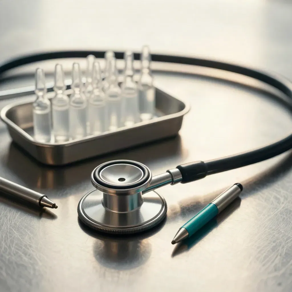 Stethoscope chestpiece, ampoule tray and penlight on brushed steel with teal accent