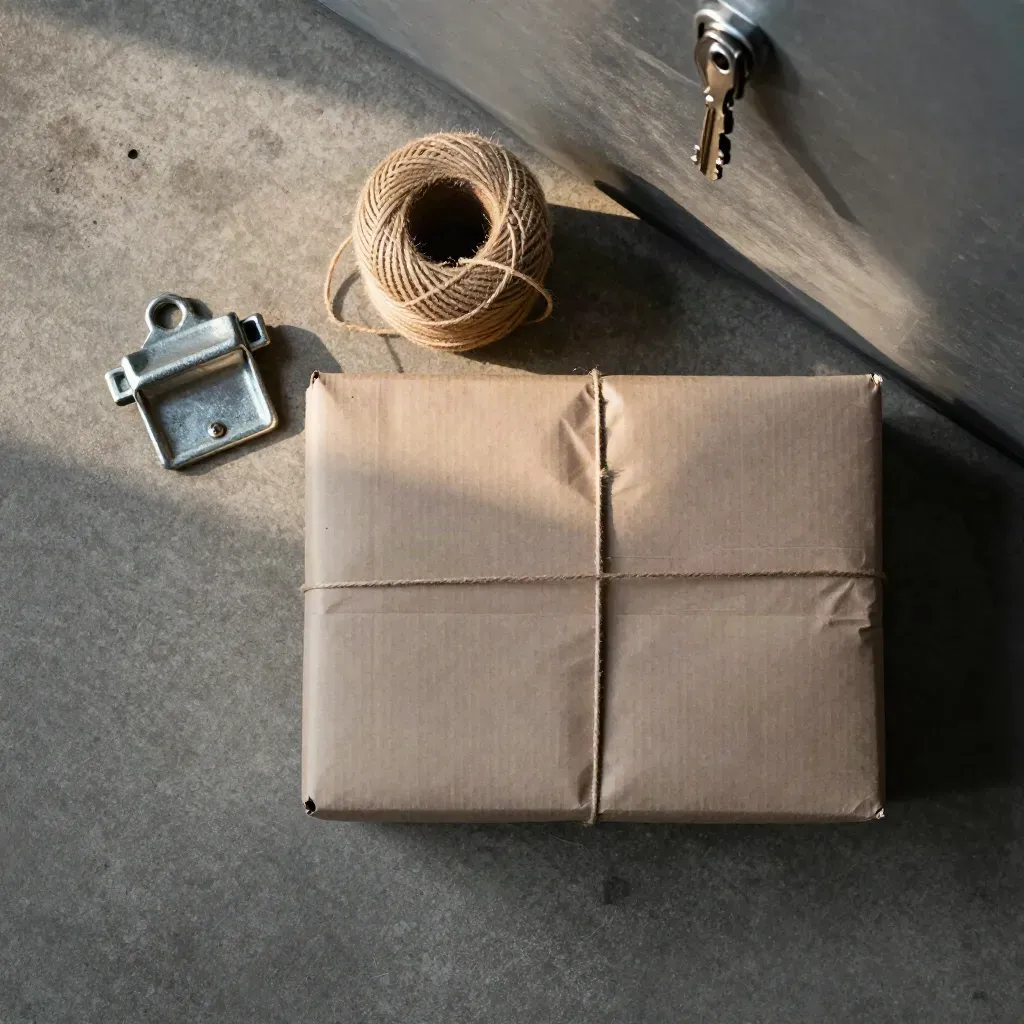 Cargo latch, twine spool and parcel corner on brushed concrete, lit like a premium logistics still life.