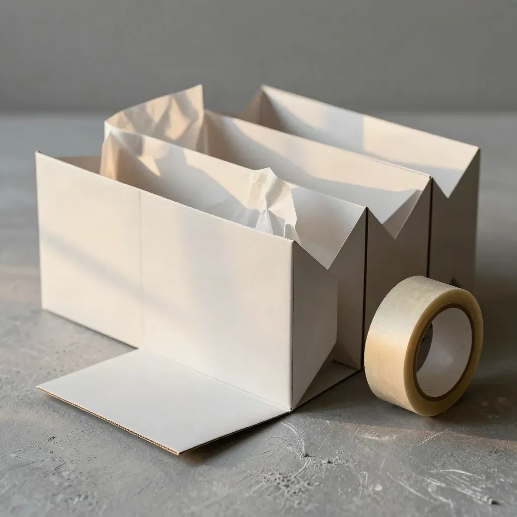 Paper cartons, tissue wrap, and tape roll arranged on matte plaster in a moody retail pack-out still life.