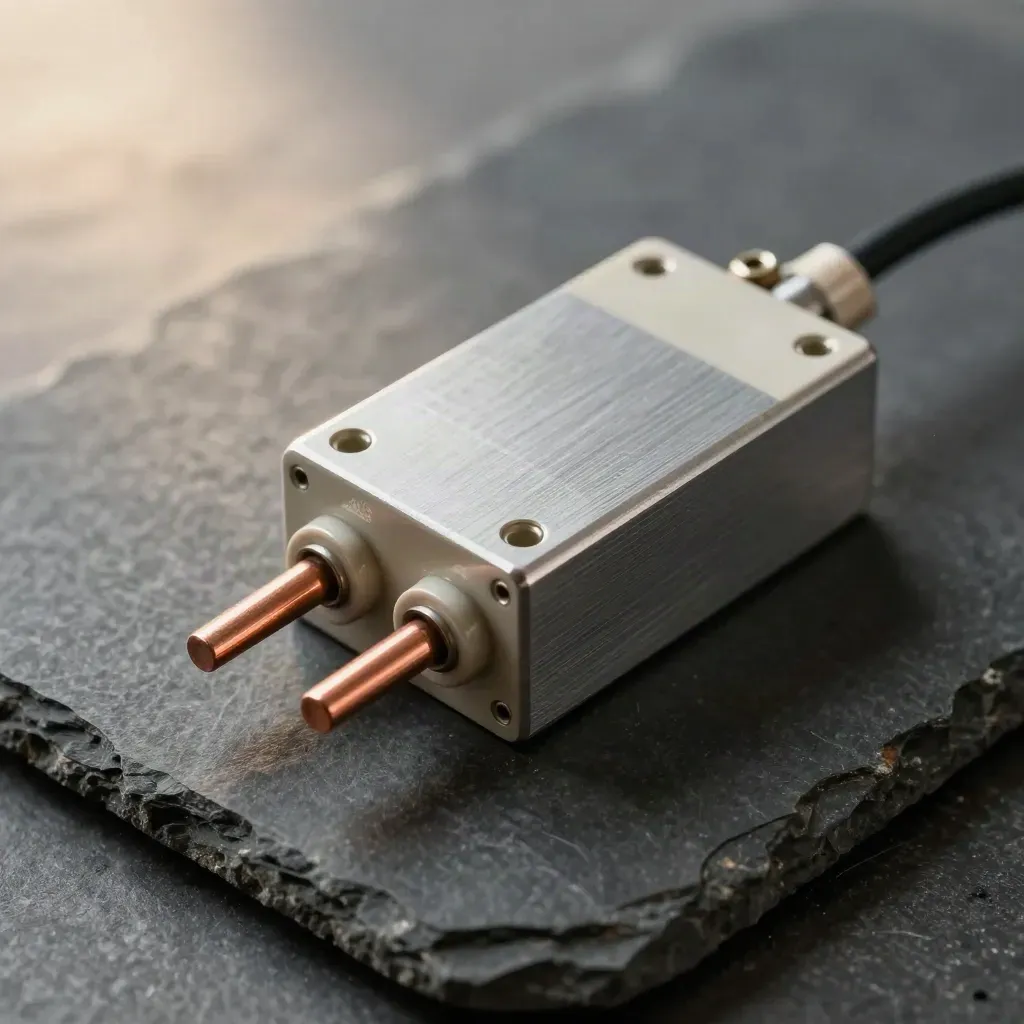 Ceramic fuse block, cable ends, and relay housing on graphite stone in soft workshop light.