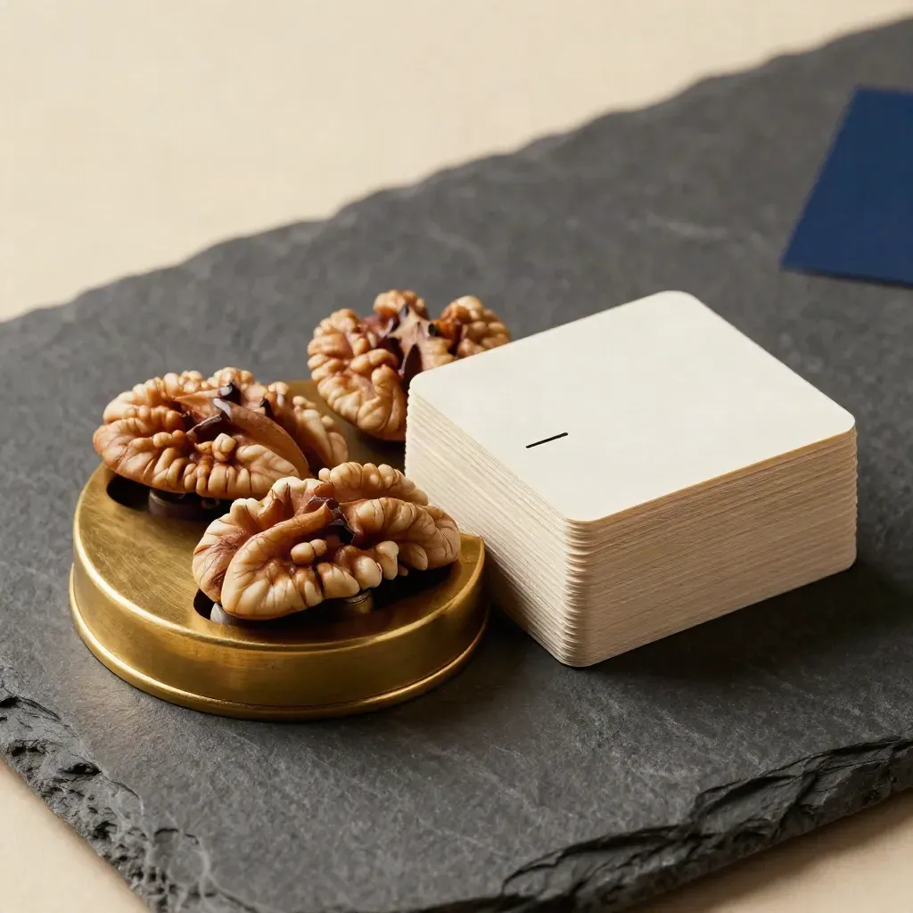 Walnut decision tokens, brass paperweight, and cream cards arranged on graphite stone