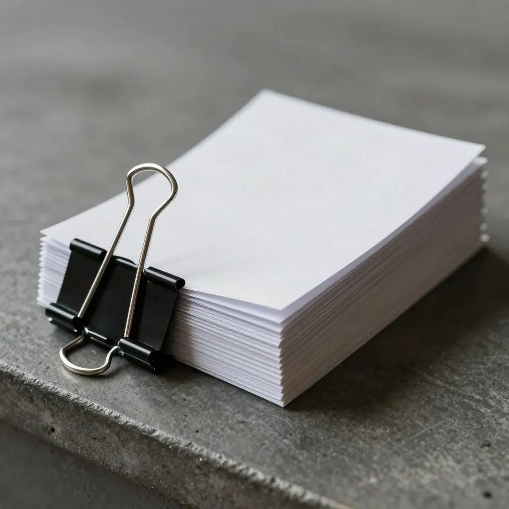 Black binder clip gripping blank audit cards with steel tabs on a charcoal stone surface.