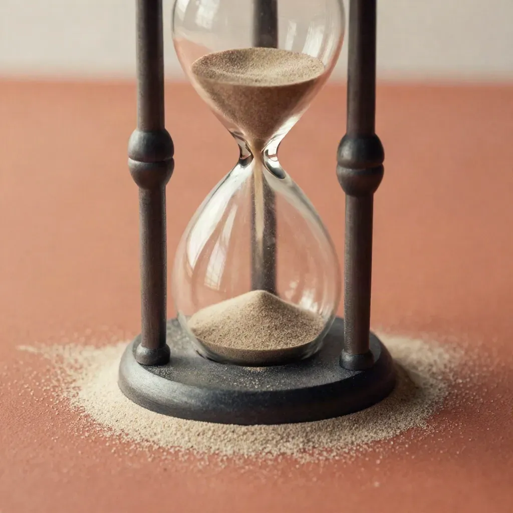 Matte hourglass with pale sand and slate markers on terracotta clay, lit warmly.