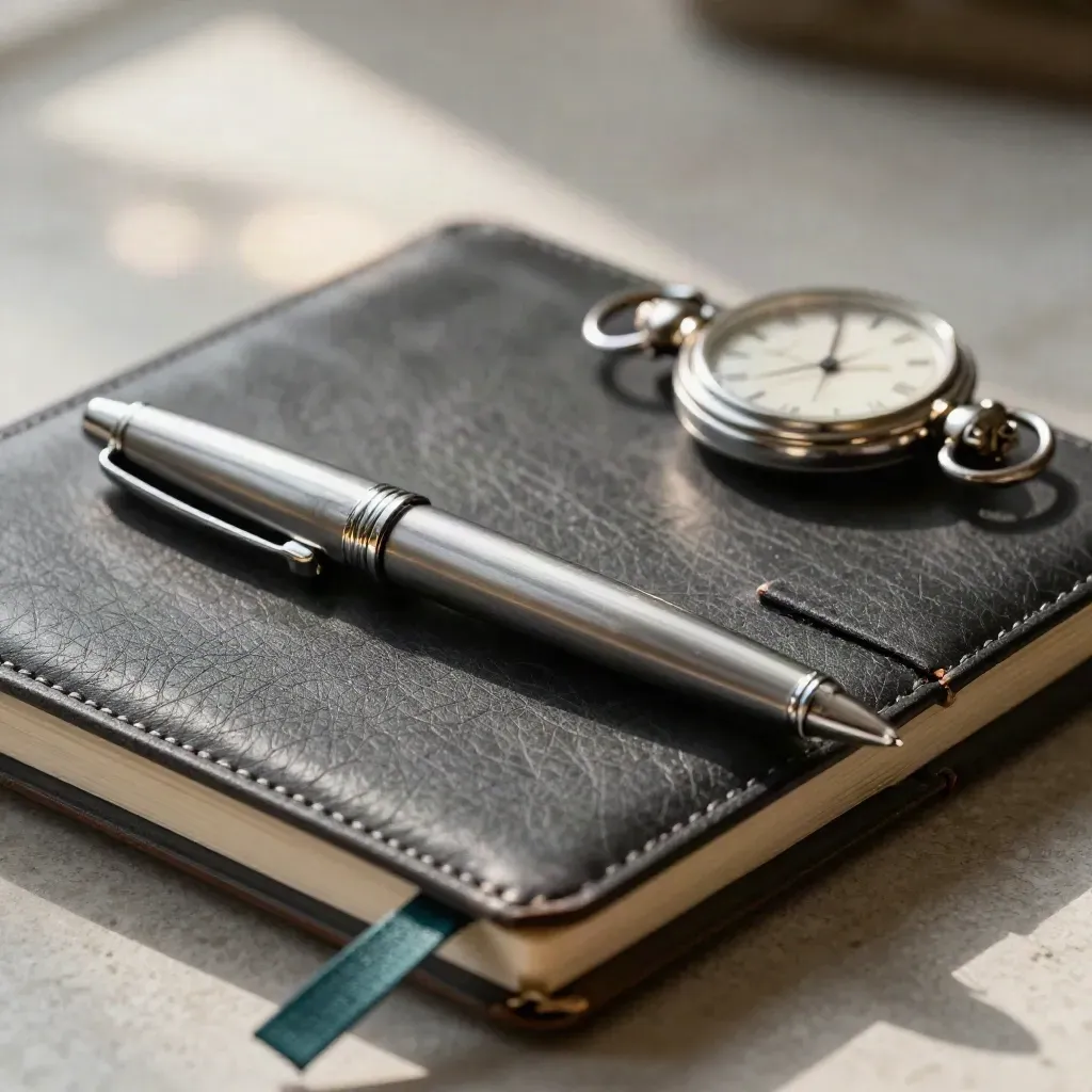 Leather notebook, silver pen and pocket watch on pale stone in soft daylight.