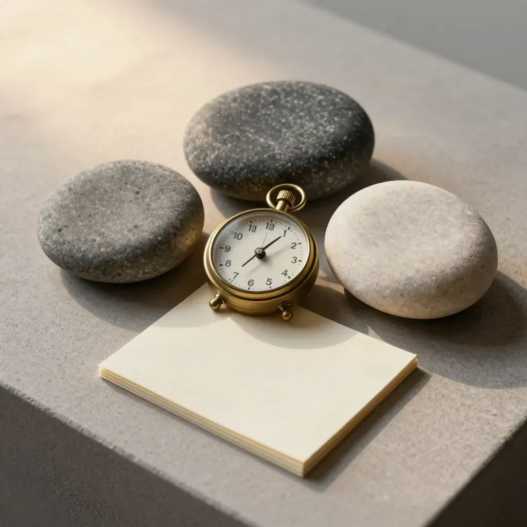 Top-down macro of discussion stones, a brass timer and blank cards on a pale plaster surface.