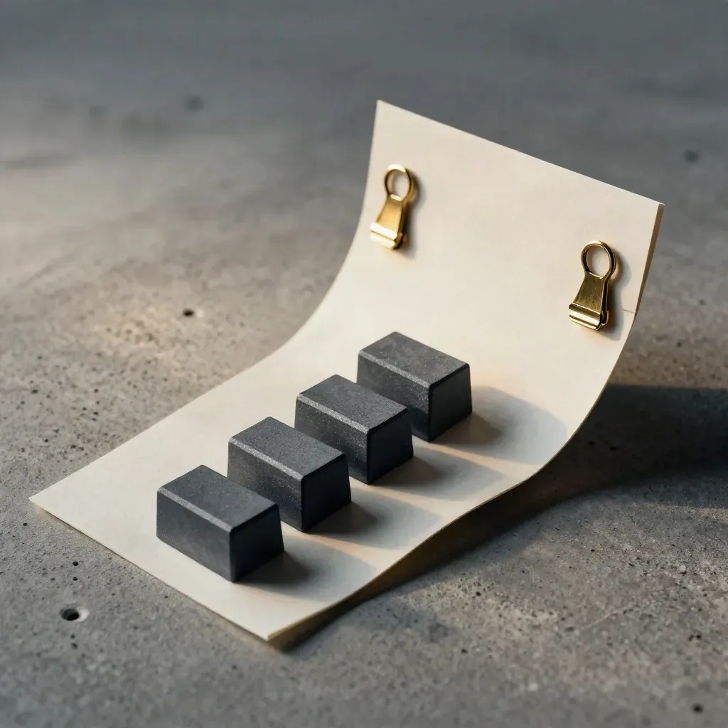 Accordion plan strip, brass clips, and step blocks on concrete in dramatic light.
