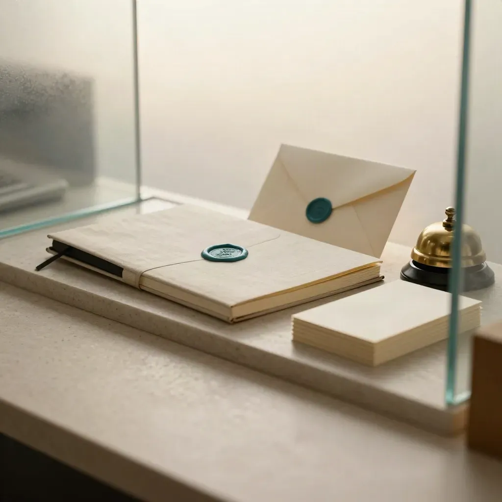Brass bell, interview notebook, sealed envelope and card stack behind frosted glass