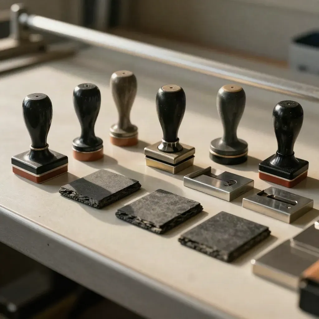 Task stamps, magnetic job chips and tray dividers on a pale industrial worktop under hard studio light.