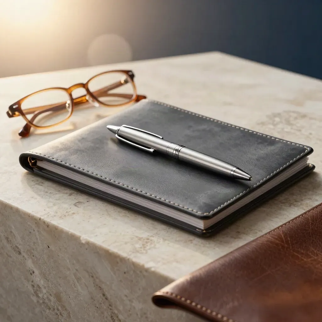 Leather board folder, silver pen and folded reading glasses on pale stone, shot low and close.