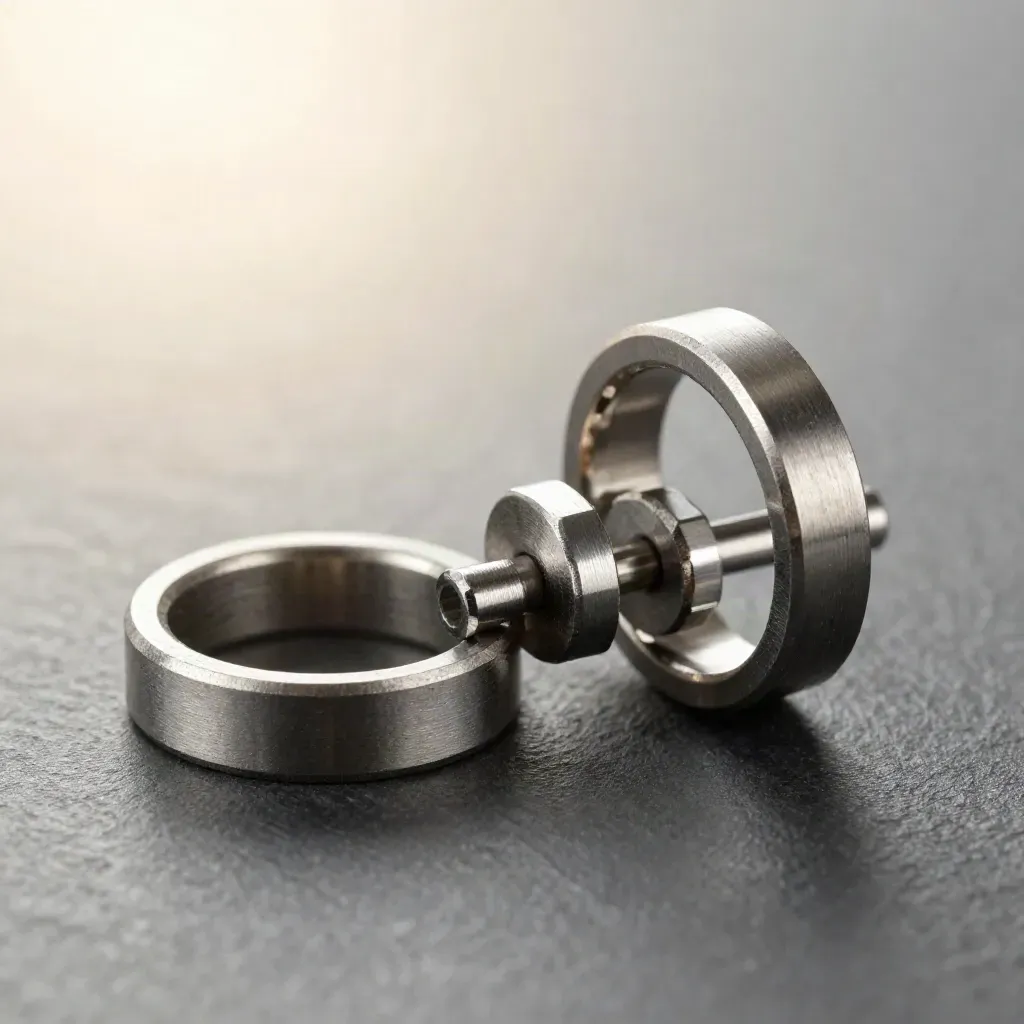 Top-down macro of brushed-steel rings, connector block and pins on graphite metal.