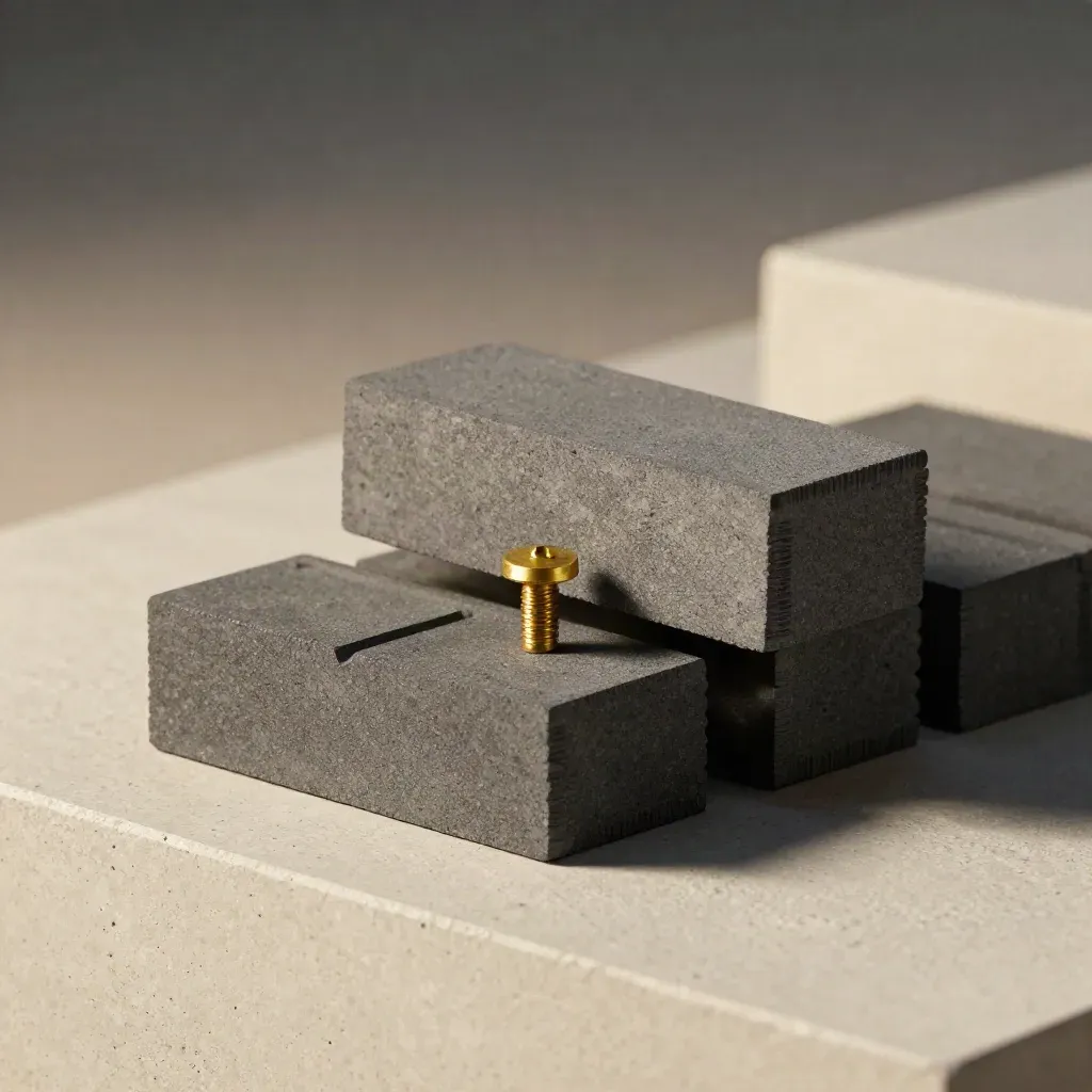 Graphite modular blocks and a brass peg stacked on pale concrete in dramatic studio light.
