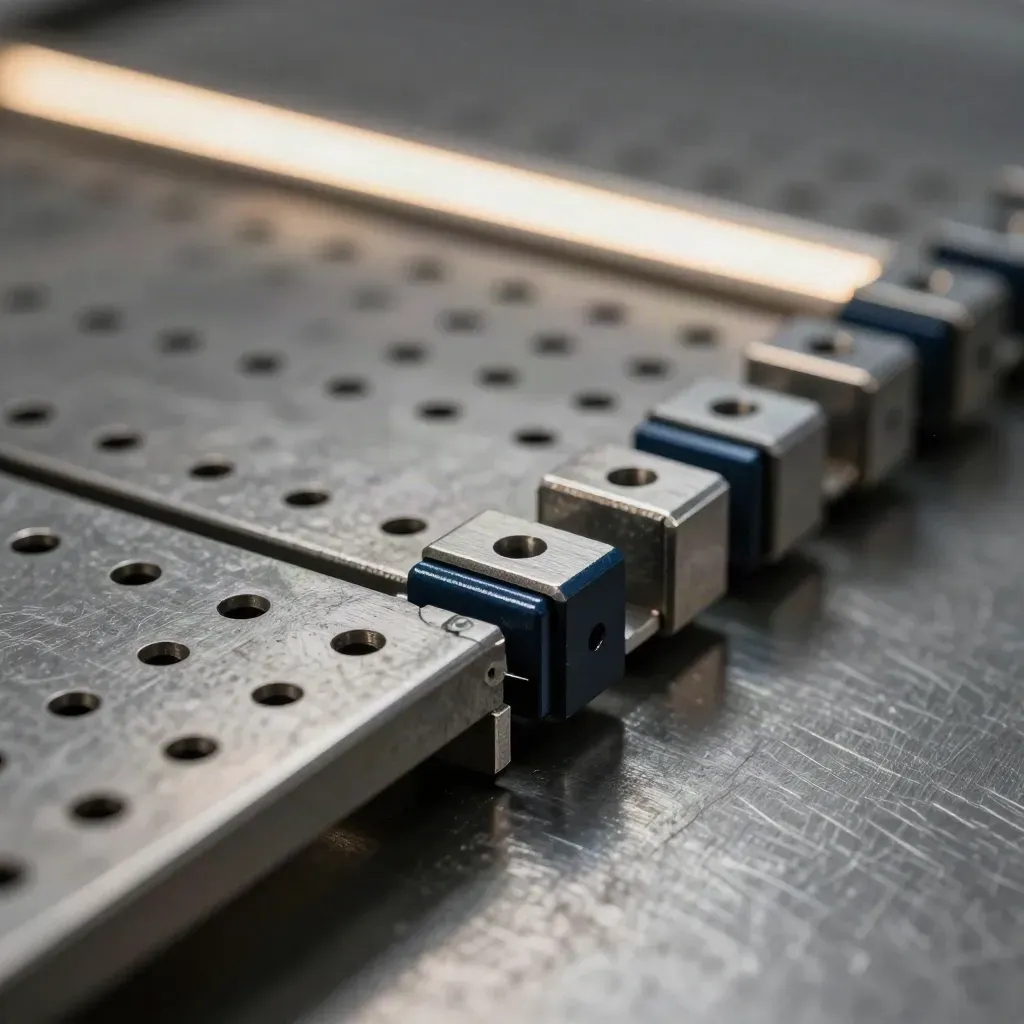 Perforated steel plates and pin connectors linked in a side-on macro on brushed metal.