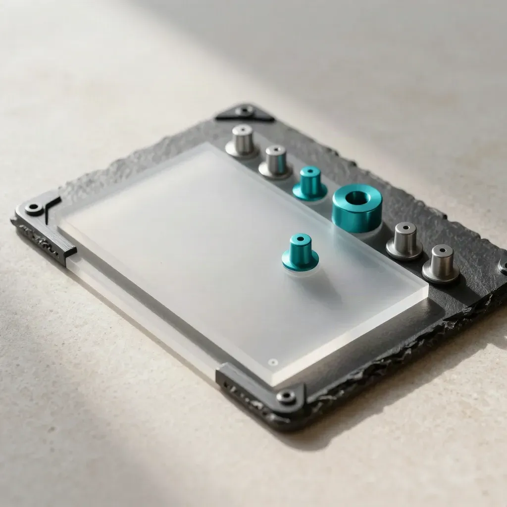 Frosted acrylic tiles, magnets and alignment pegs arranged in a clean teal-accented flat lay.