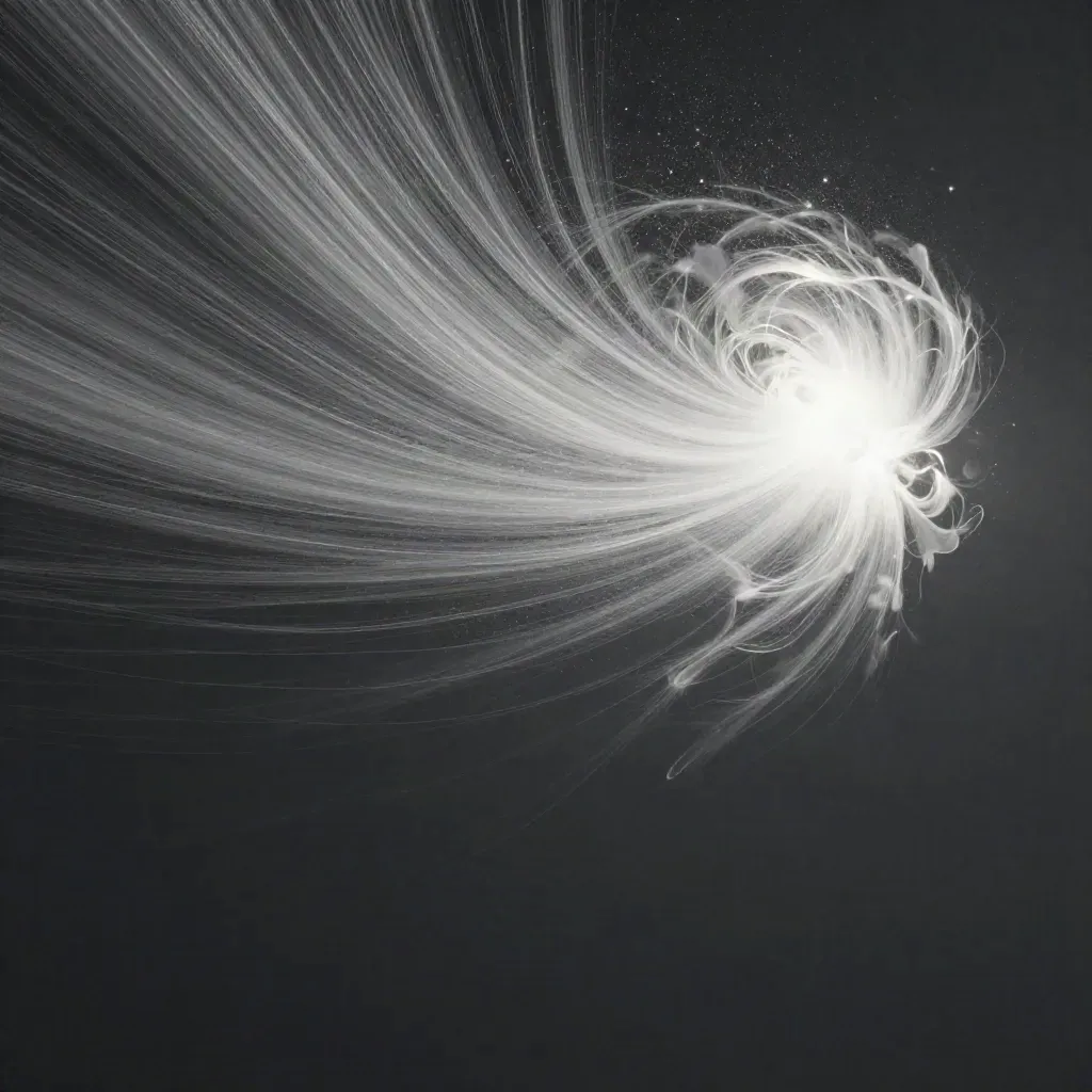 Abstract silver light filaments bloom in graphite space with soft haze and drifting motes.